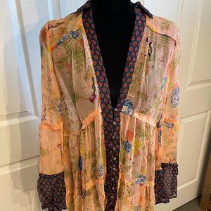 Free People Sheer Peach Floral Button Up Tunic Top